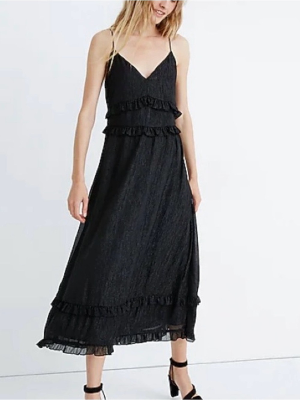 Madewell Black/Silver V-Neck Ruffles 
Maxi Dress Women’s Size: 4 - Picture 10 of 10